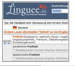 Linguee.de Website mit †bersetzungen von Satzpaaren in Deutsch und Englisch